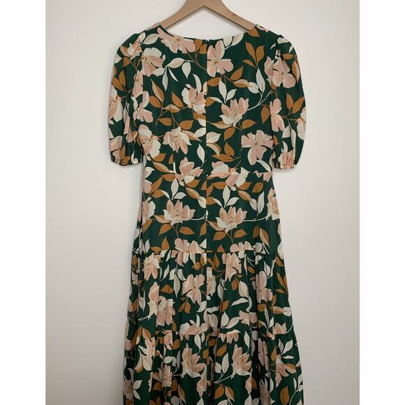 Gal Meets Glam Womens Tiered Midi Dress Tegan Floral Ruched Puff Sleeve Green 4P - Picture 4 of 16